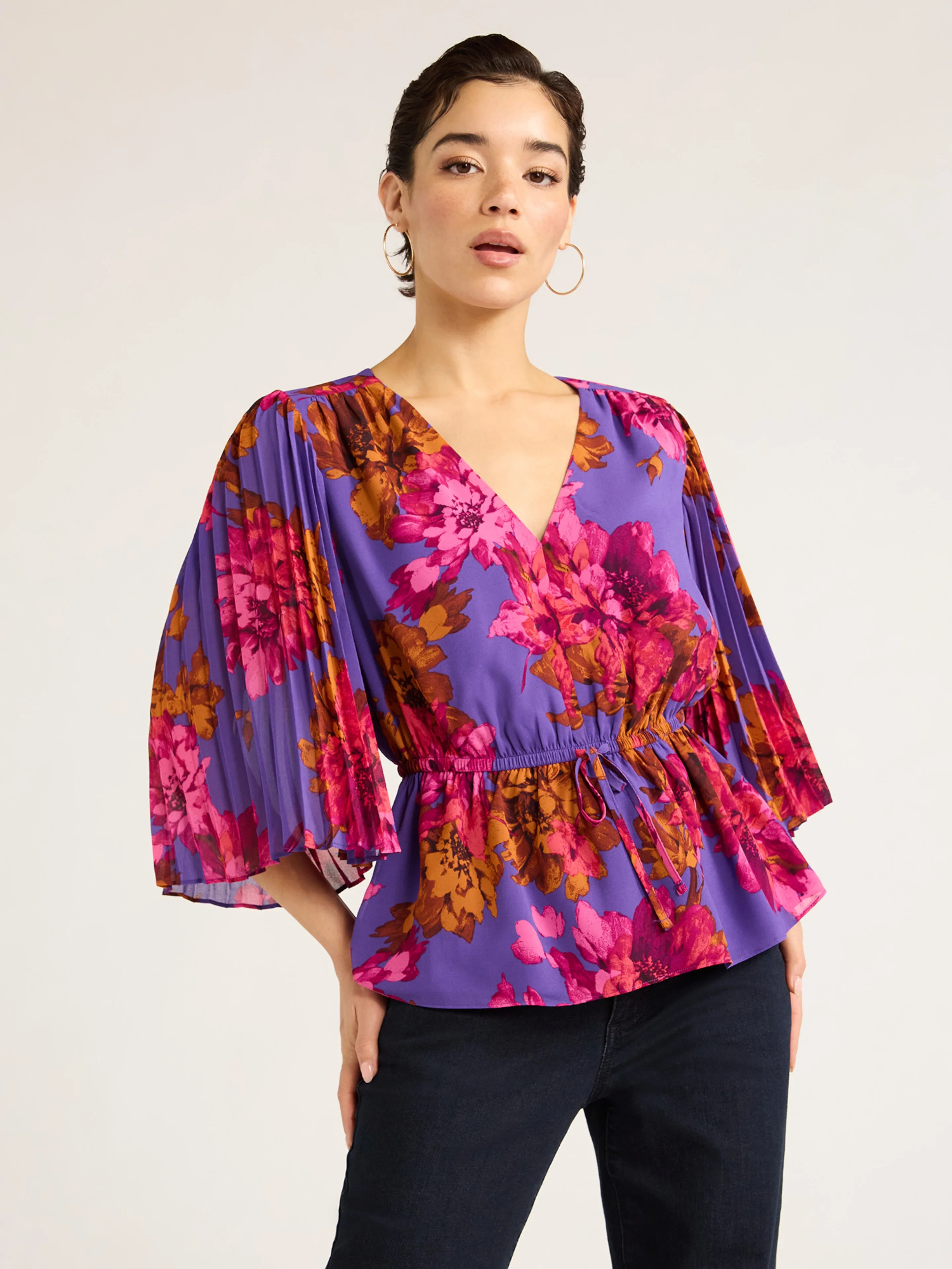 Sofia Jeans Women's V-Neck Top with Pleated Sleeves, XS-XXXL | Walmart (US)