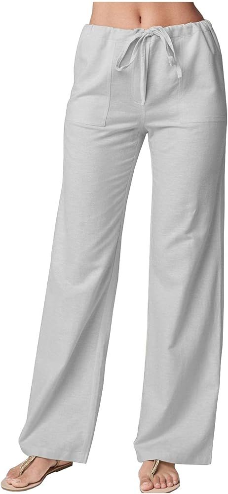 LifeShe Women's Drawstring Elastic Waist Linen Pants with Pocket Straight Casual Beach Trousers | Amazon (US)