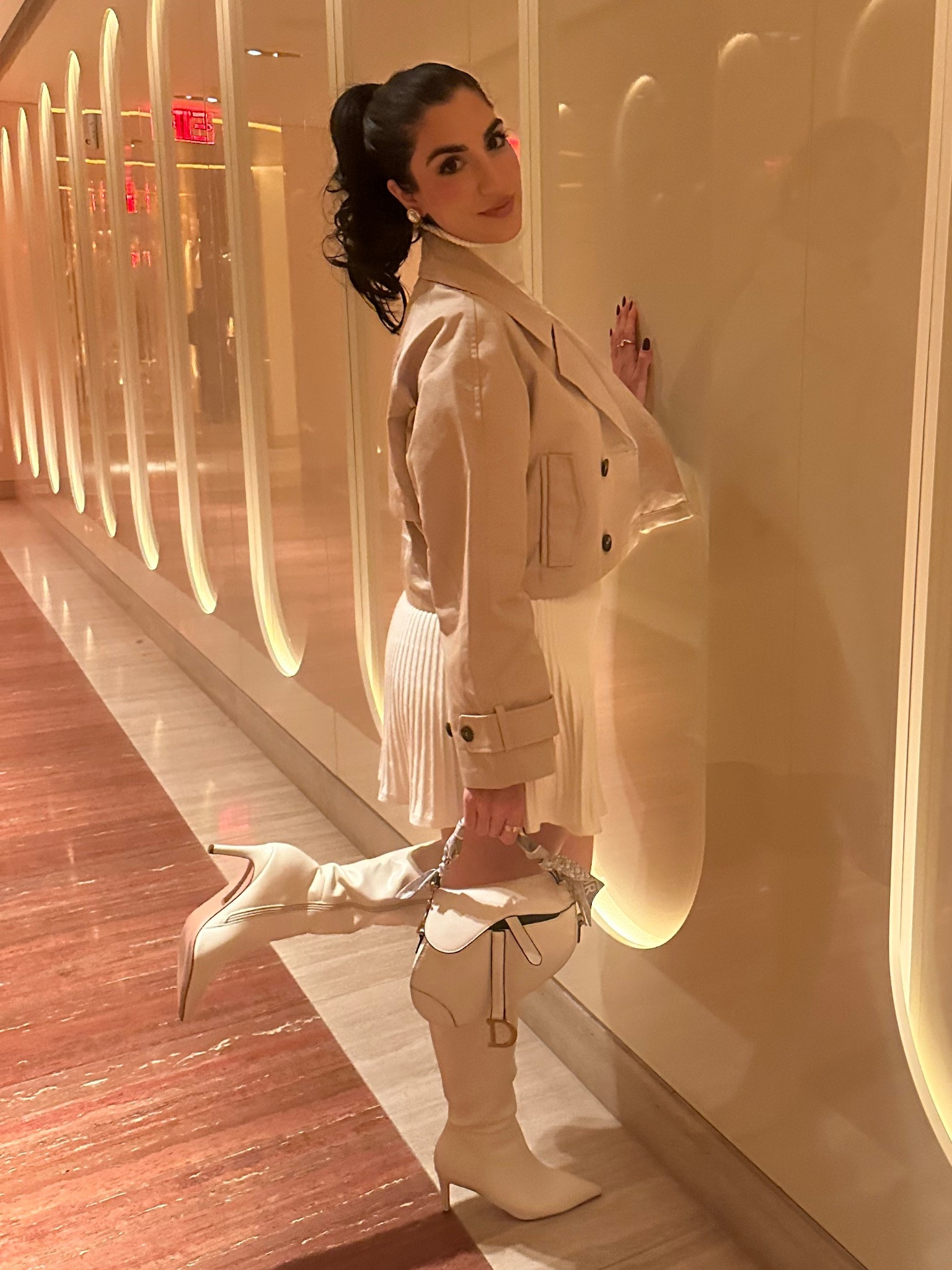 White revolve two piece set
Amazon boots
Crop trench 
All white outfit
