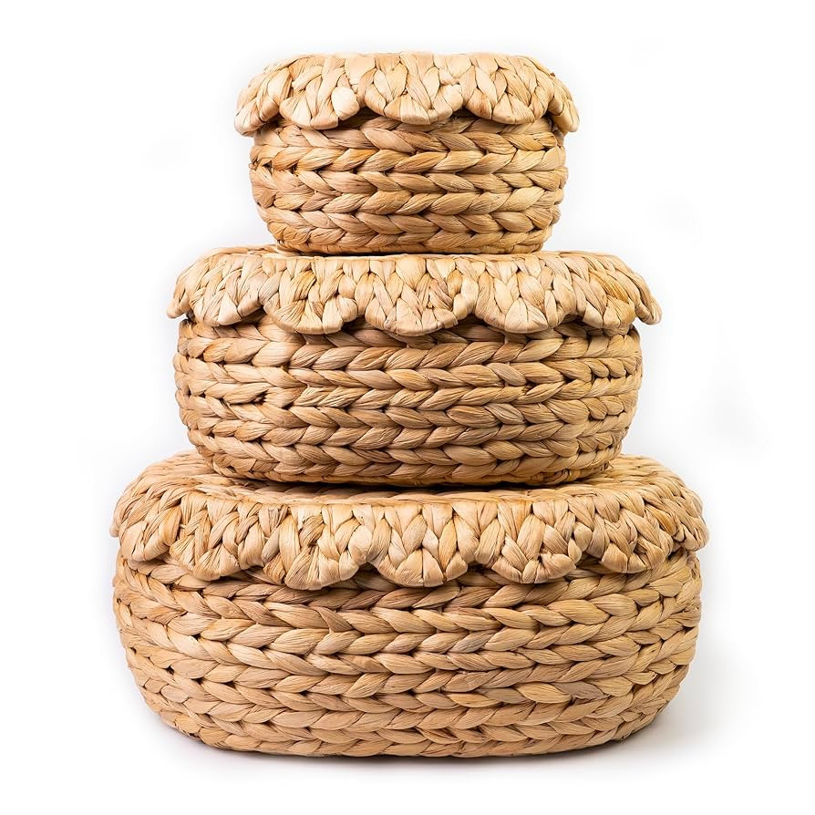 Set of 3 Wicker Storage Baskets with Lid - Decorative Handwoven Rattan Baskets for Organizing, Sm... | Amazon (US)