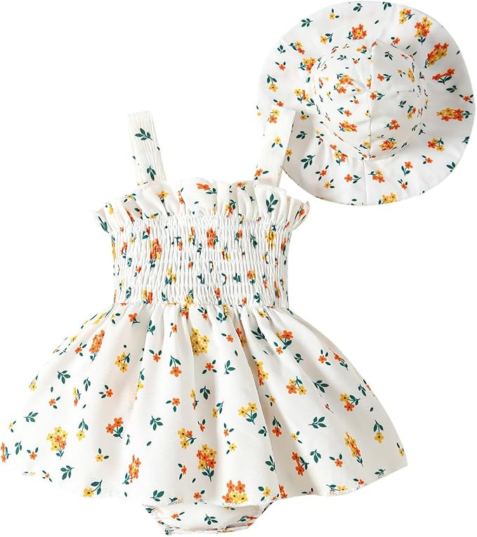 Toddler Baby Girl Summer Clothes Halter Floral Romper Dress Backless Outfits with Hat | Amazon (US)