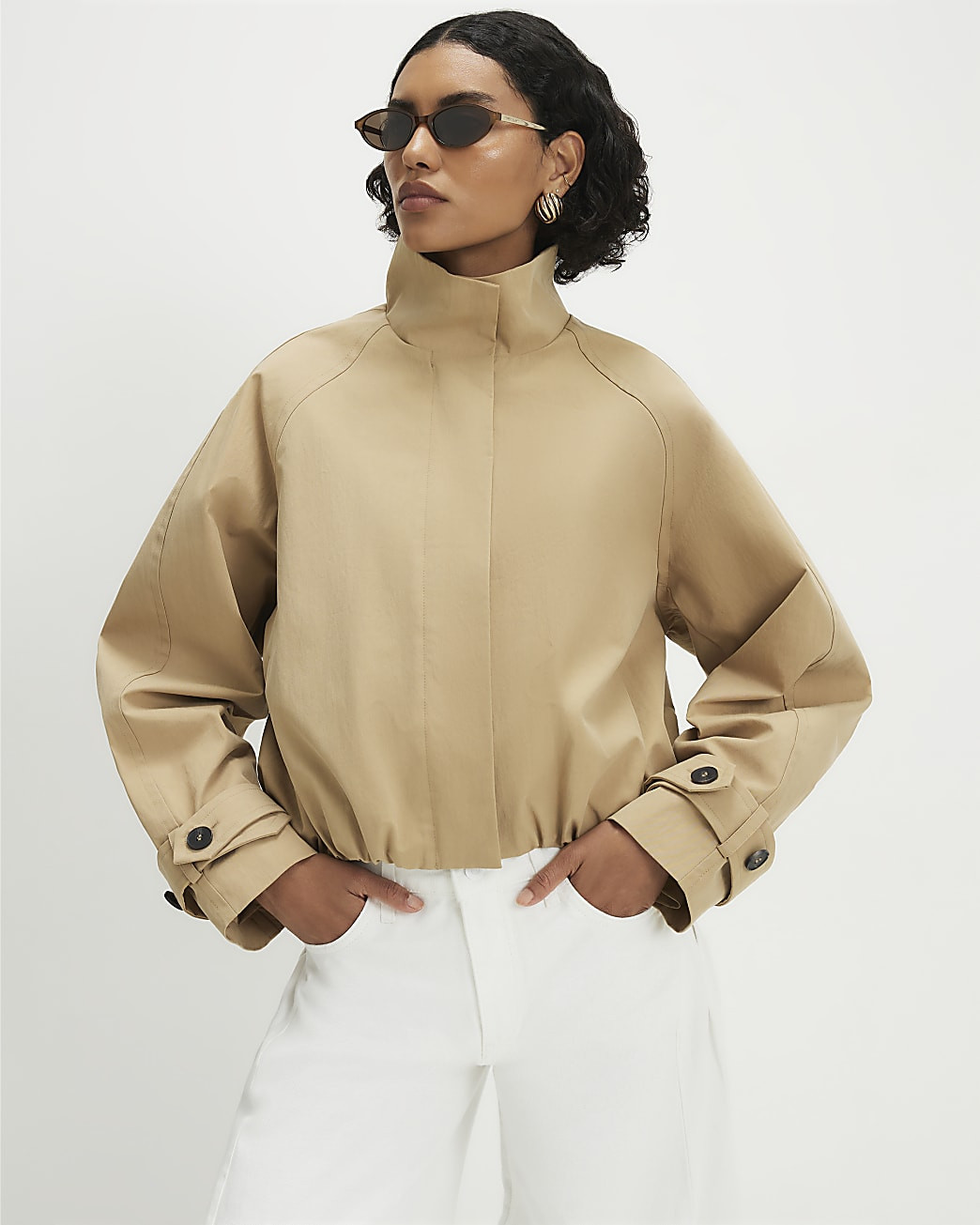 Beige Funnel Neck Chopped Trench Jacket | River Island UK & IE