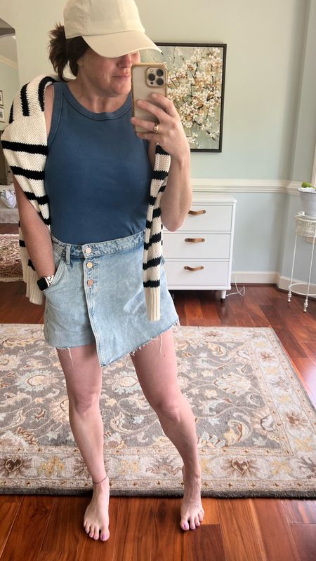 Weekday errands and practice look. Ootd summer style. Skort size up. Stripes. New fav tank top. Such a nice material. Friends and family sale on now too! 

#LTKOver40 #LTKMidsize #LTKActive