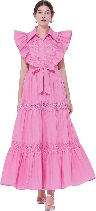 LAI MENG FIVE CATS Women's Vintage Sleeveless Ruffles Lace Button Party Mixi Dress woth Belt | Amazon (US)
