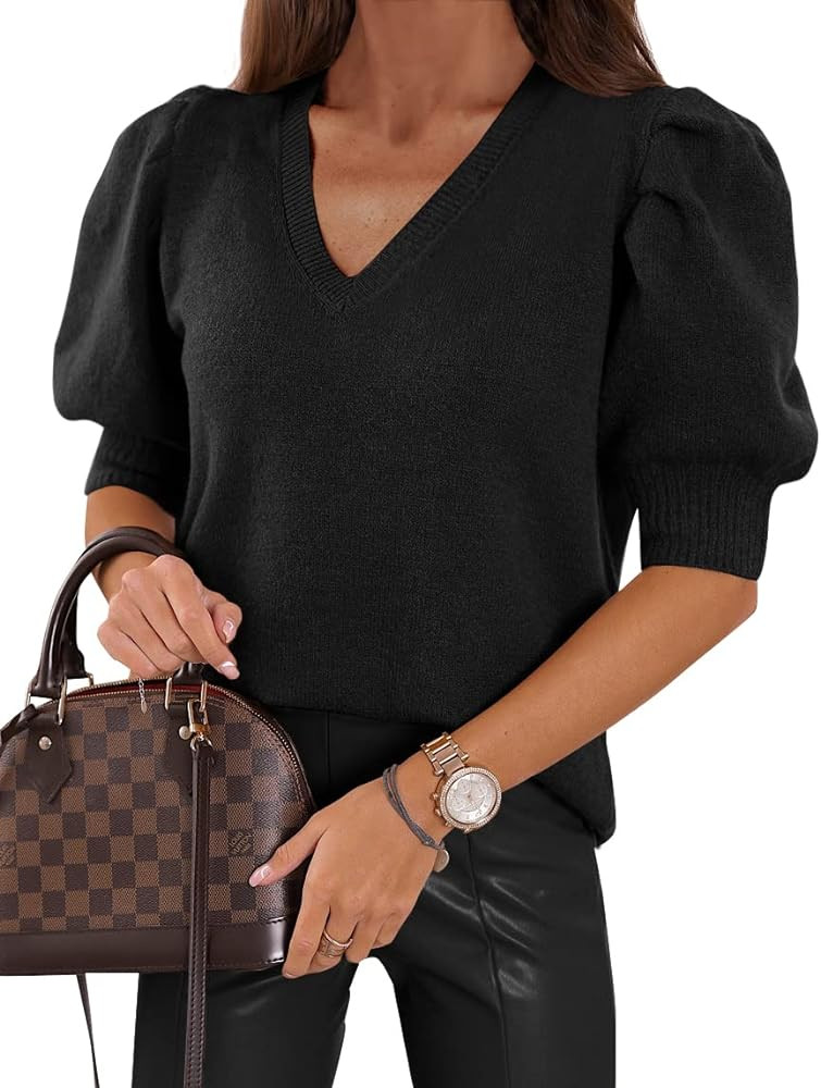 Womens Puff Short Sleeve Sweater Tops 2025 Spring Summer Trendy Casual T Shirts Blouses | Amazon (US)