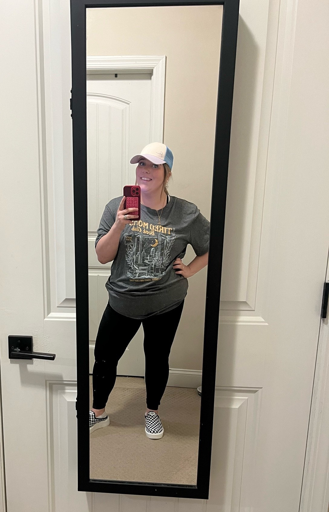Tired moms book club, anyone? 🤍😂 This tee found me and I have never felt more seen in my life. Slides similar to Checkered Vans, trucker hat, leggings comfortable, casual, and somehow still an outfit.

#LTKootd #LTKmomlife #LTKPlusSize