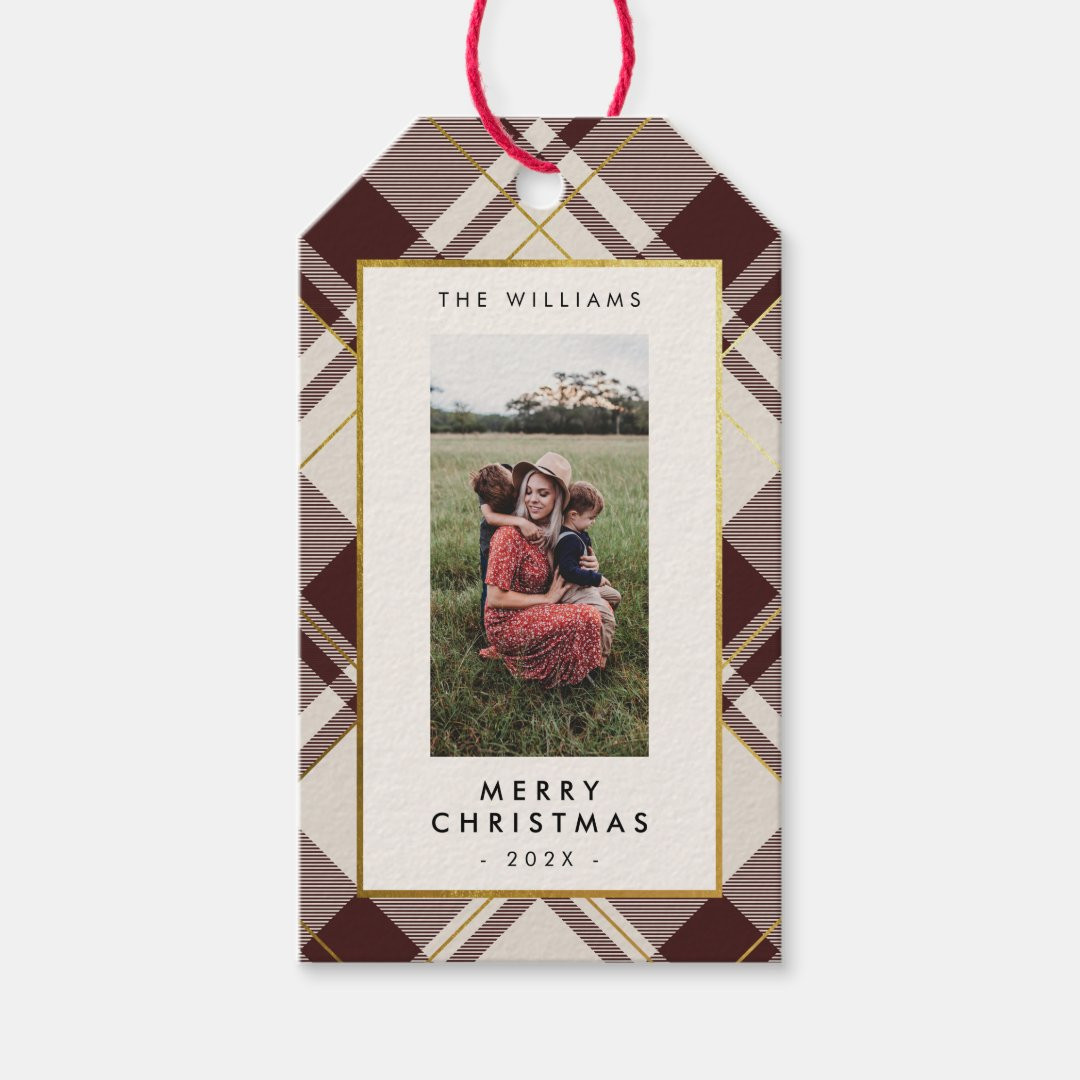 Beige & Dark Red Tartan Plaid Photo Christmas Gift Tags | Zazzle | Zazzle