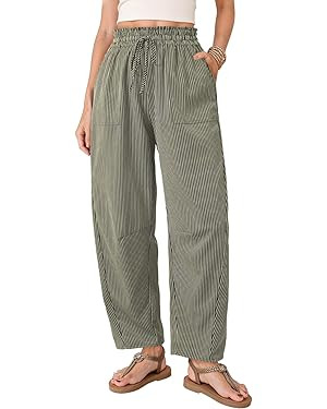 Dokotoo Women's Striped Barrel Casual Pants High Waisted 2026 Elastic Drawstring Trousers | Amazon (US)