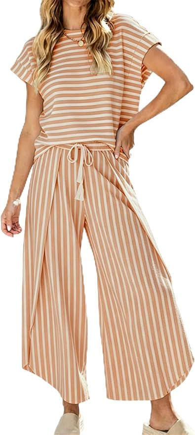 HangNiFang Womens Summer Striped 2 Piece Outfits Cap Sleeve Open Leg Pant Set Vacation Outfits Ma... | Amazon (US)