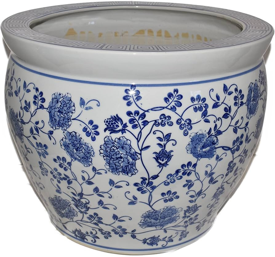 New 16" Oriental White with Blue Ornate Flowers on a Vine Floral Fish Bowl Jardiniere Planter Pla... | Amazon (US)