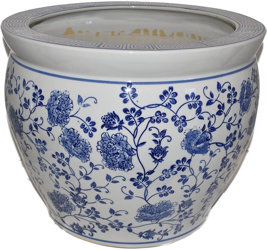 New 16" Oriental White with Blue Ornate Flowers on a Vine Floral Fish Bowl Jardiniere Planter Pla... | Amazon (US)