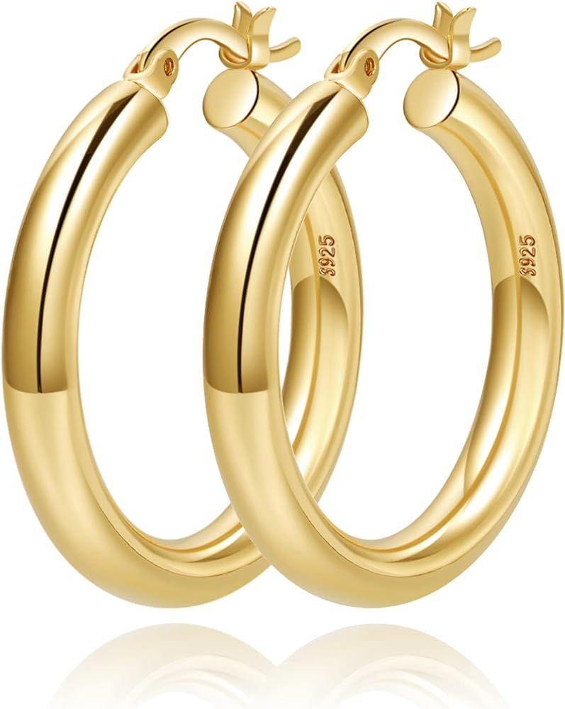 4mm Thick Gold Chunky Earrings Steling Silver Post Hoops Earrings For Women Hollow Tube Hoops Ear... | Amazon (US)