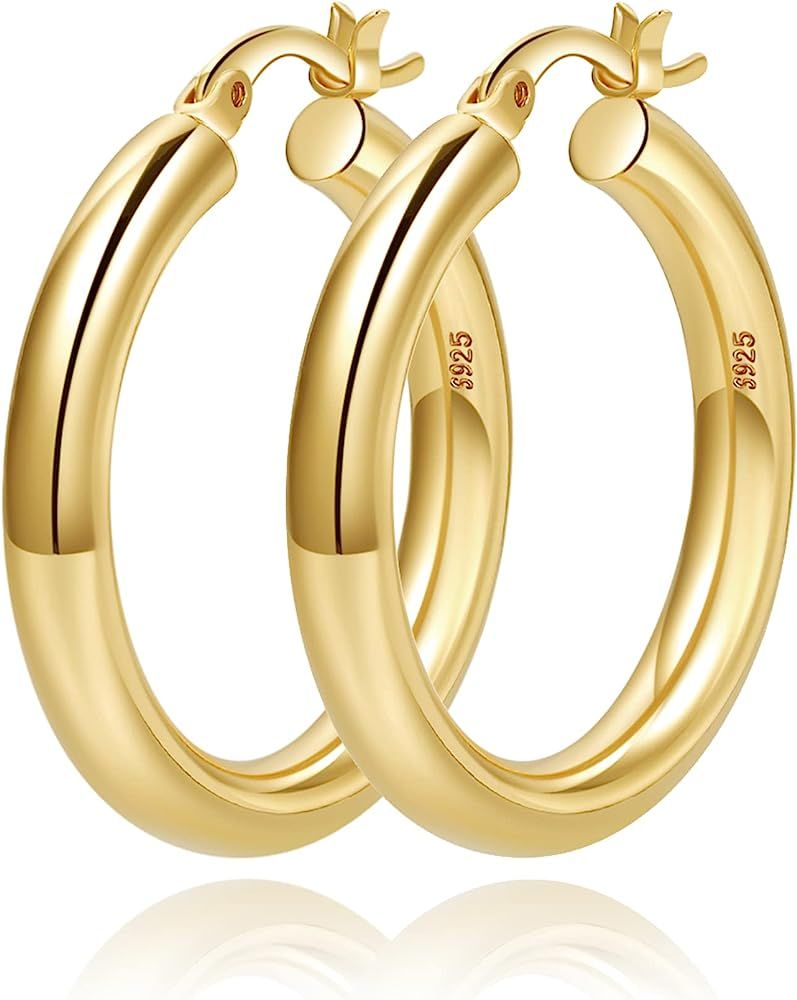 4mm Thick Gold Chunky Earrings Steling Silver Post Hoops Earrings For Women Hollow Tube Hoops Ear... | Amazon (US)