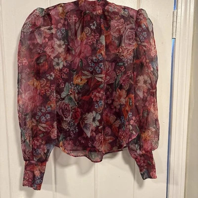 Anthropologie Floral Organza Top S Pink Balloon Sleeve Bow Back Sheer Blouse | eBay US