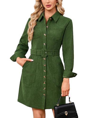 YEXPINE Women's Corduroy Mini Dress Belted Button Down Shirt Dress Green | Amazon (US)