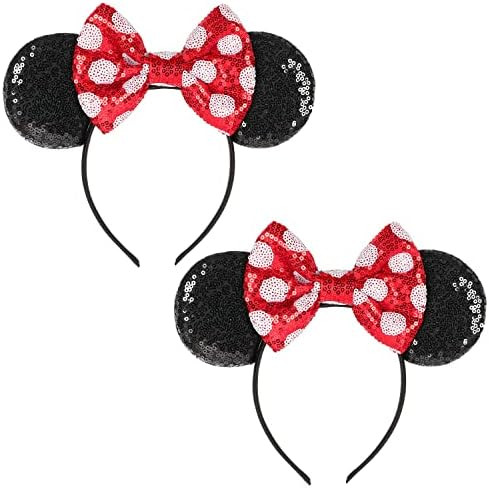 2 Pcs Mouse Ears Headbands Red Bow Headbands for Women Girls Kids Glitter Party Decorations | Amazon (US)