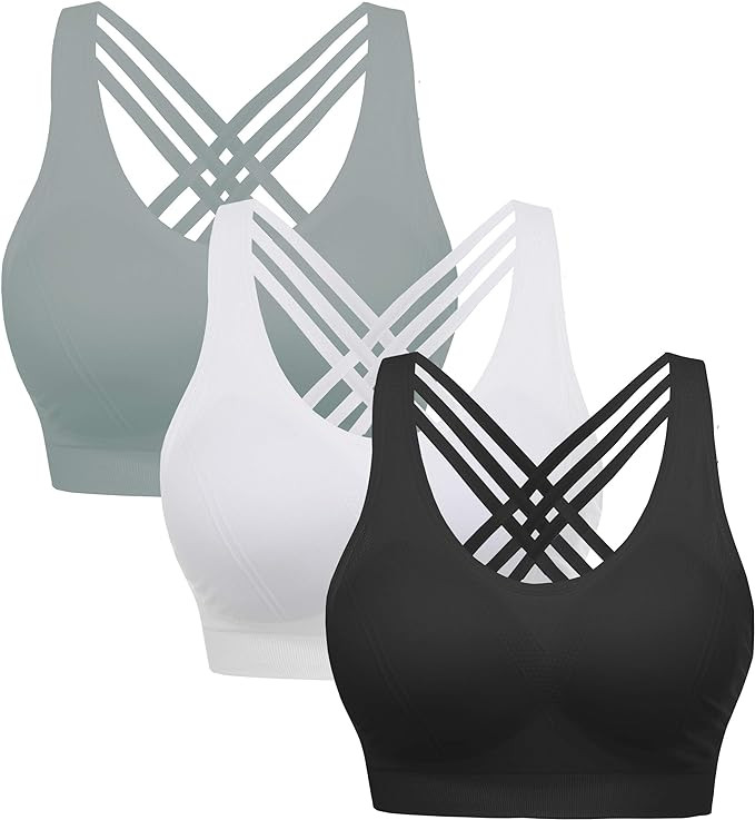 AKAMC 3 Pack Women's Medium Support Cross Back Wirefree Removable Cups Yoga Sport Bra | Amazon (US)