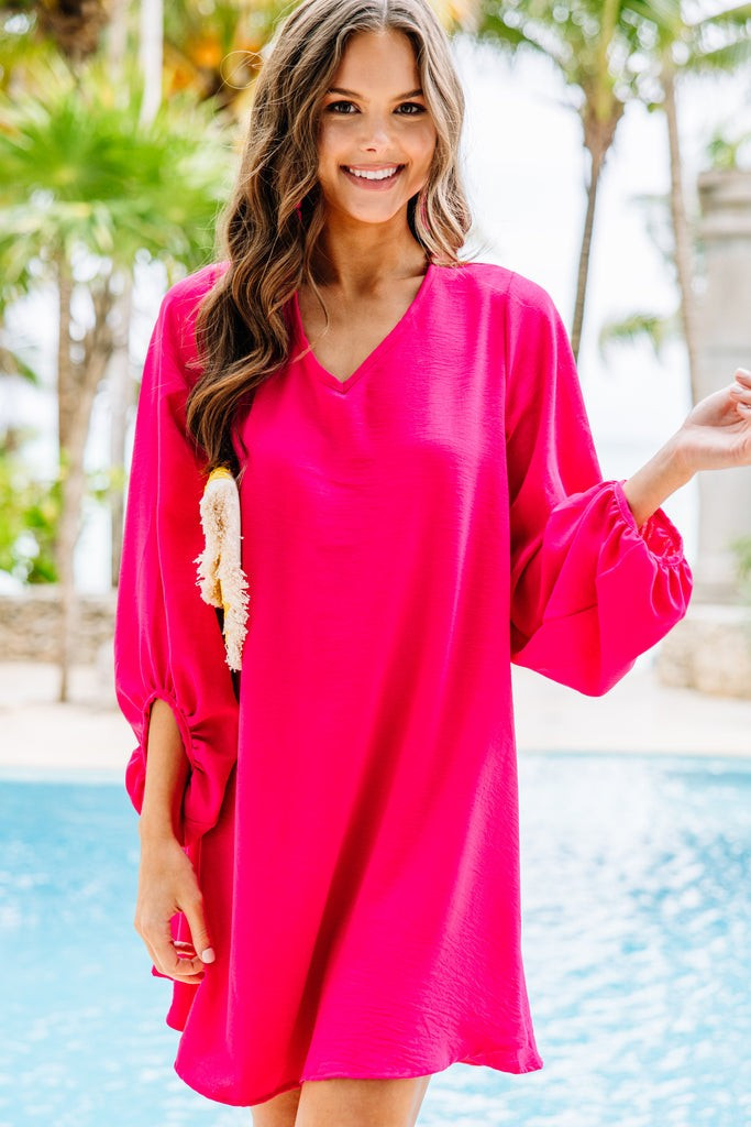Loud And Clear Hot Pink Bubble Sleeve Dress | The Mint Julep Boutique
