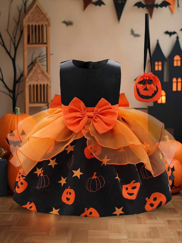 Baby Girls Pumpkin Pattern Satin Cute Party Dress, Suitable For Halloween Party (Excluding Hair A... | SHEIN