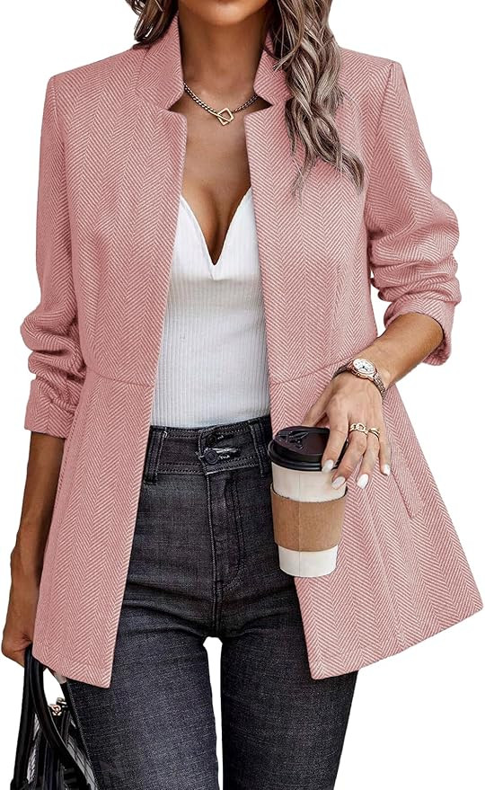 ELLEVEN Women’s Open Front Herringbone Blazer-Business Casual Long Sleeve Work Jacket with Full... | Amazon (US)