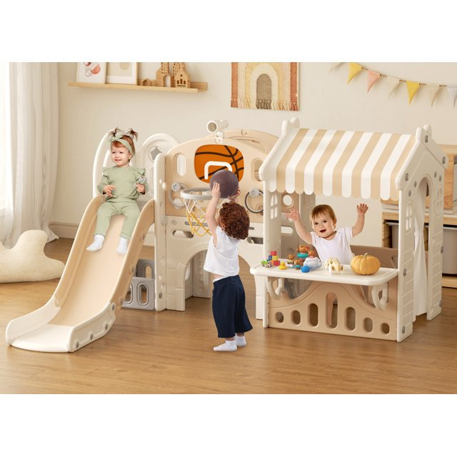 KORIMEFA Toddler Slide with Playhouse, 10-in-1 Kids Slide with Basketball Hoop and Ball, Indoor O... | Walmart (US)