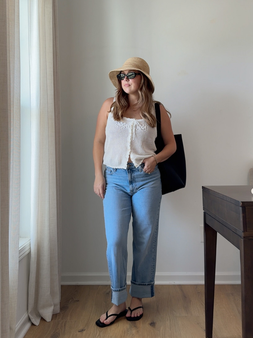 wearing a medium in the cotton knit tank from old navy. 29 in the tommy jeans light wash jeans. 

 #LTKootd #LTKmomlife #LTKMidsize