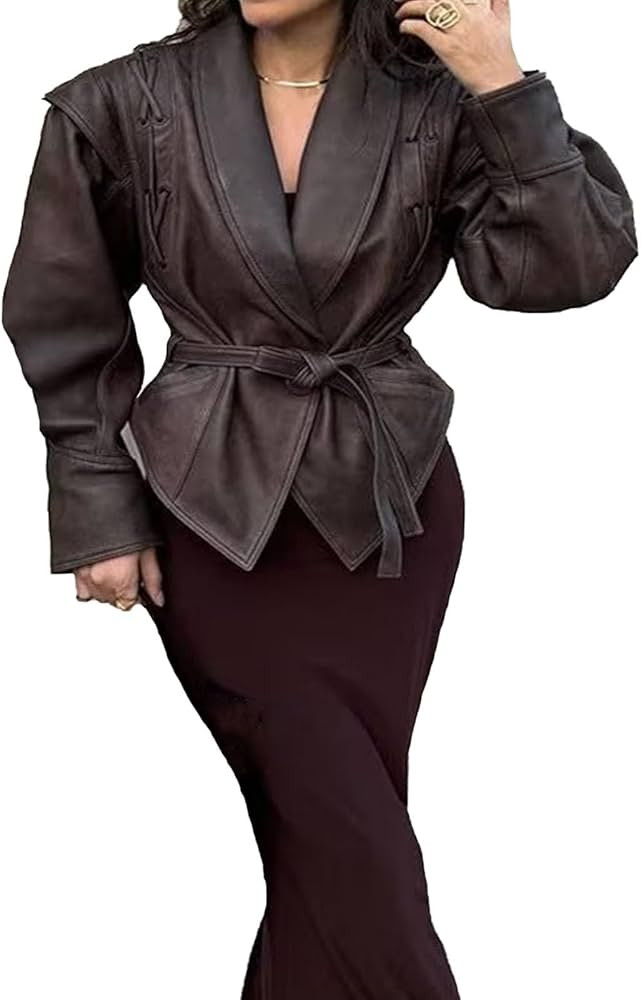 Womens Retro Lapel Faux Leather Jacket Casual Moto Jackets Fall Outfits for Women Bomber Jacket S... | Amazon (US)