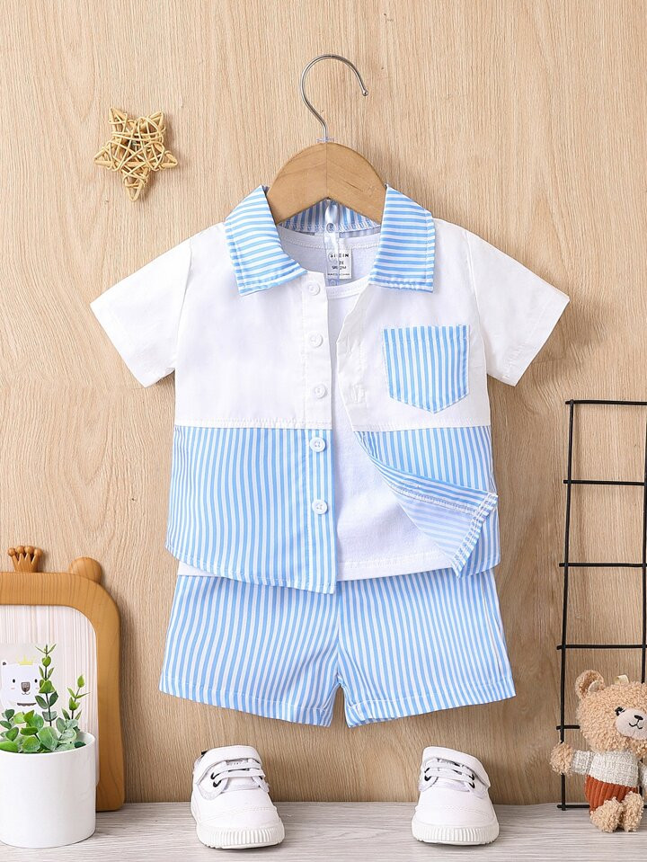 Baby Boy Striped Patched Pocket Shirt & Shorts | SHEIN USA | SHEIN