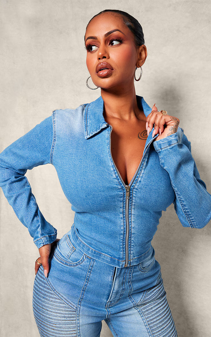 Shape Light Blue Denim Cropped Zip Through Jacket | PrettyLittleThing UK