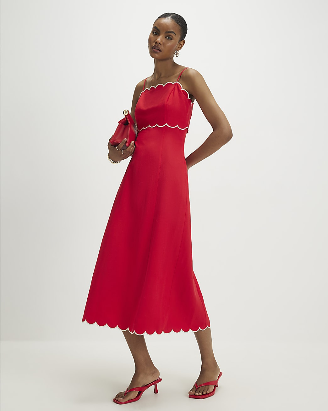 Red Linen Blend Scallop Trim Midi Dress | River Island UK & IE