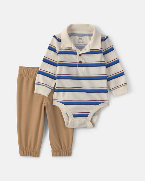 Baby Boy 2-Piece Striped Long-Sleeve Bodysuit & Pant Set - Cream/Khaki | Carter's Inc