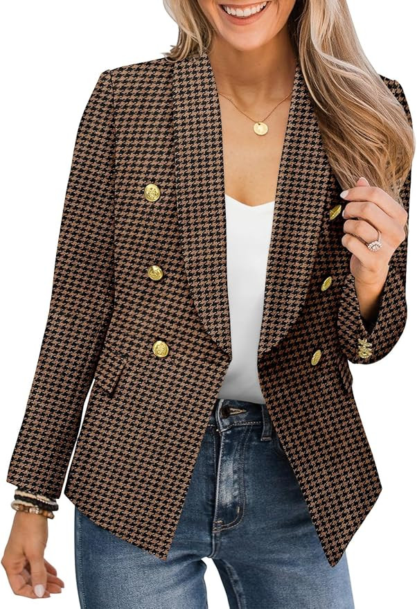 CRAZY GRID Womens Casual Blazer Jacket Gold Button Long Sleeve Work 0ffice Blazer Lapel Open Fron... | Amazon (US)
