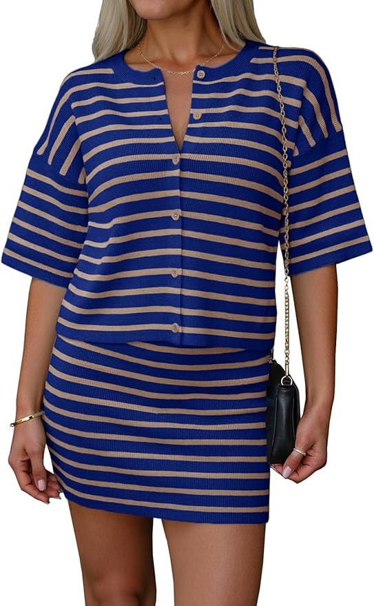 Saodimallsu Womens Two Piece Skirt Set Summer Striped Knit Short Sleeve Button Cardigans And Mini... | Amazon (US)