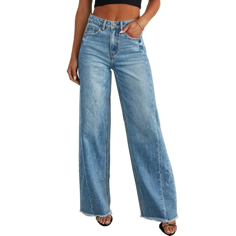 Women's Wide Leg Jeans Casual Baggy Denim Pants with Frayed Raw Hem - Walmart.com | Walmart (US)