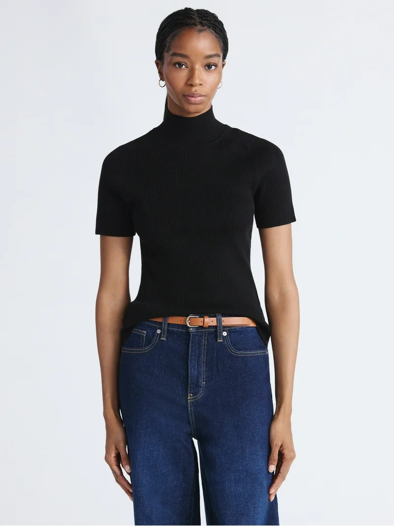 Free Assembly Women's Cozy Yarn Mock Neck Sweater with Short Sleeves, Lightweight, Sizes XS-XXL | Walmart (US)