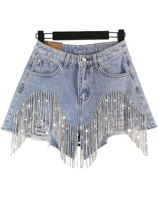 Womens Rhinestone Tassel Jean Denim Shorts Diamond Ripped Tassel High Waist Blue Jean Shorts Summ... | Amazon (US)