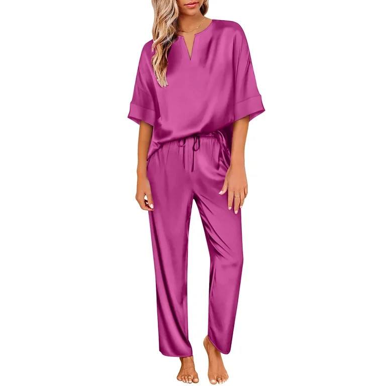 DAKIMOE Womens Silk Satin Pajama Sets Short Sleeve Pjs V Neck Pajamas for Women with Long Pant S ... | Walmart (US)