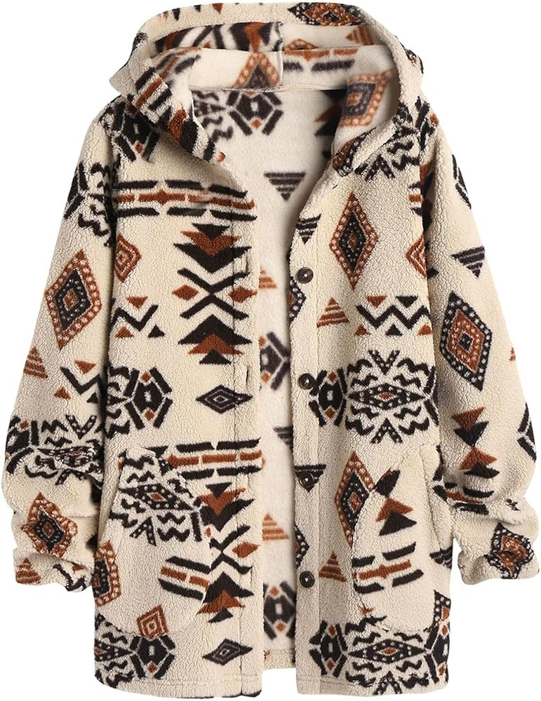 SELINK Womens Aztec Print Fleece Hoodie Jacket Button Down Shacket Casual Sherpa Coats Warm Outwe... | Amazon (US)
