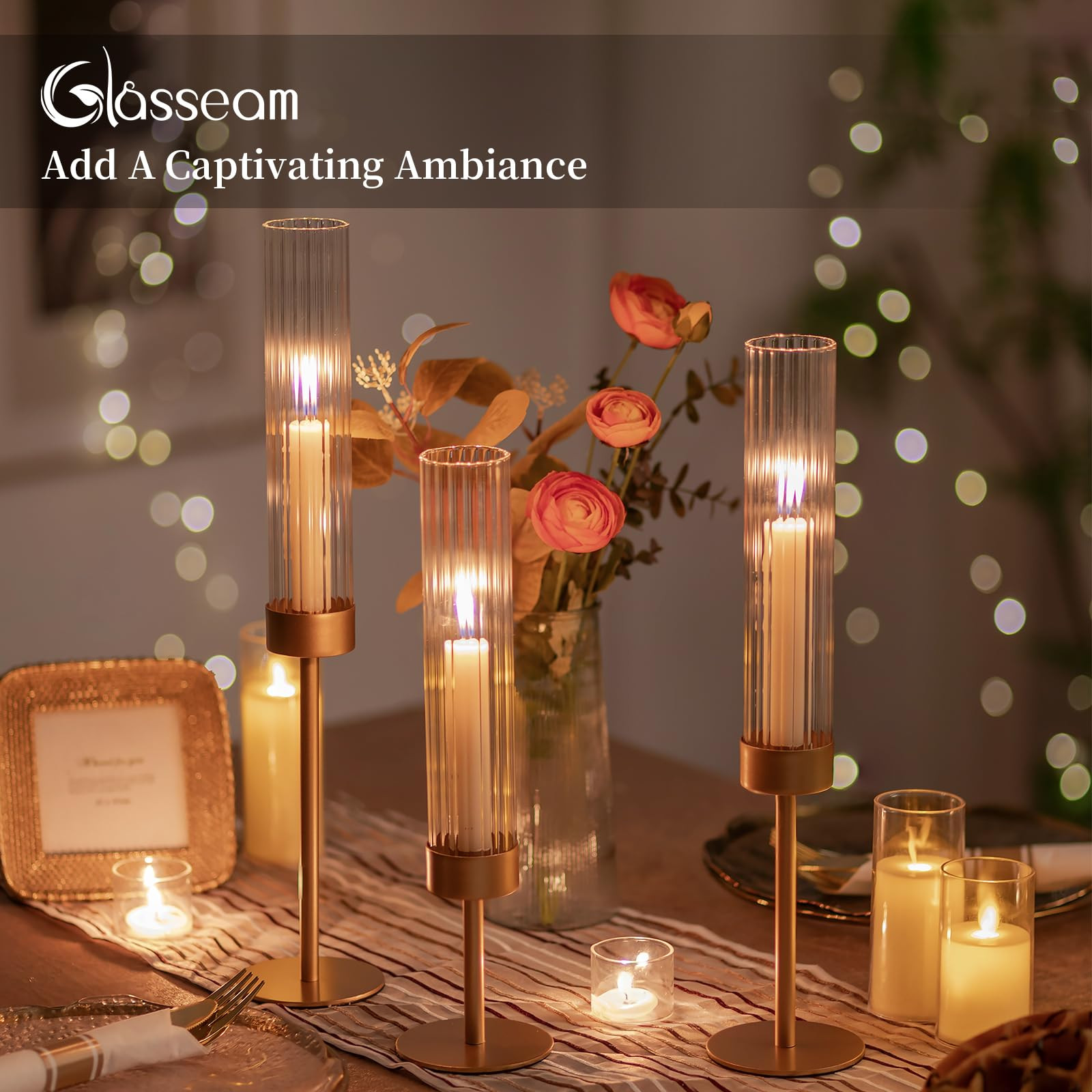 Gold Hurricane Taper Candle Holders: Glasseam 3Pcs Brass Candlestick Holders with Ribbed Glass Cy... | Amazon (US)