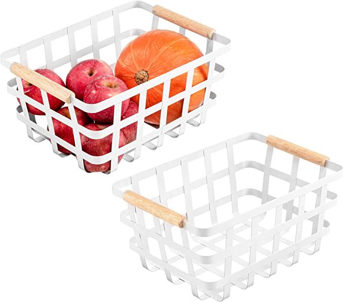 Large Wire Metal Baskets Thick functional Storage Organizer Farmhouse fruit Bin with Wood Handles... | Amazon (US)