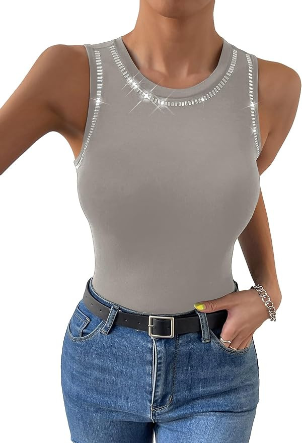 WDIRARA Women's Rhinestone Beaded Round Neck Sleeveless Summer Top Casual Tank Top | Amazon (US)