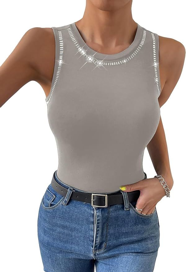 WDIRARA Women's Rhinestone Beaded Round Neck Sleeveless Summer Top Casual Tank Top | Amazon (US)