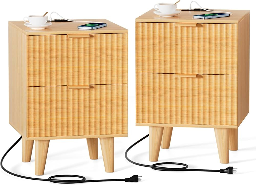 Nightstands Set of 2 Night Table Bedside Table with 2 Drawers Nightstand with Charging Station Wo... | Amazon (CA)