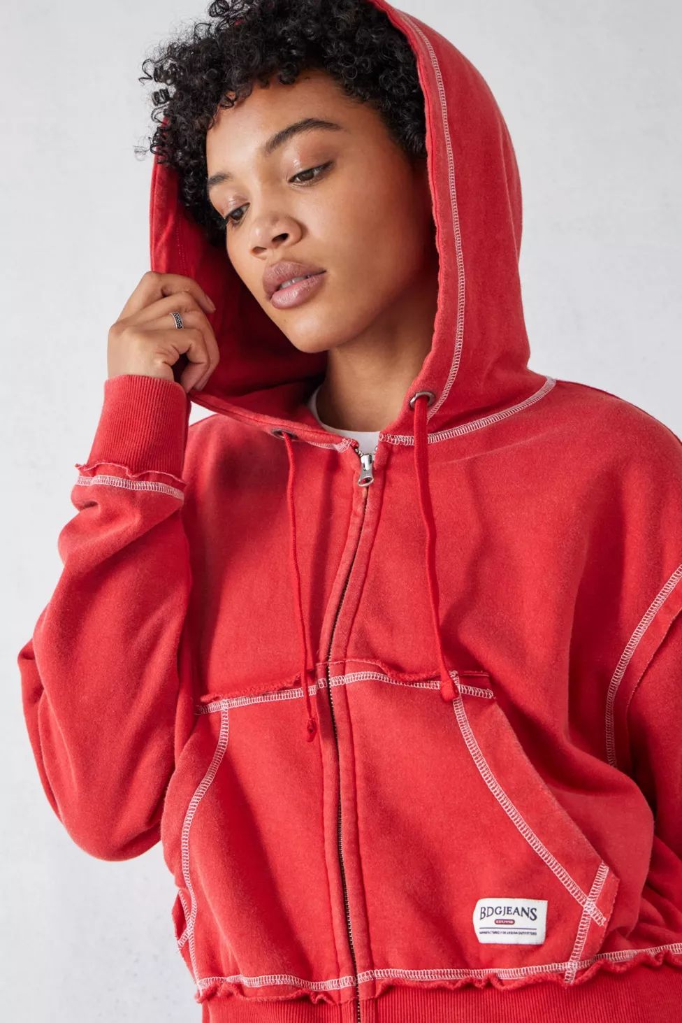 BDG Red Slouchy Zip-Through Hoodie Sweatshirt | Urban Outfitters (US and RoW)