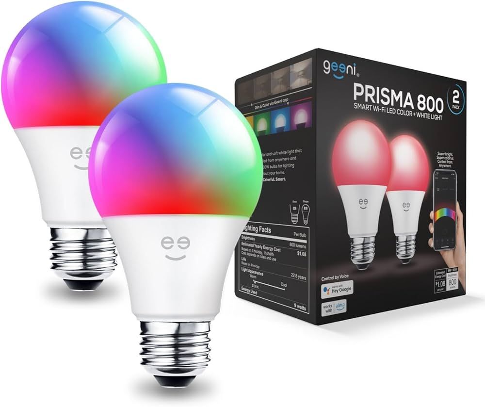 Geeni Prisma Smart Light Bulbs, 800 Lumens, 2700K Dimmable, A19, 60W Equivalent, Color Changing R... | Amazon (US)