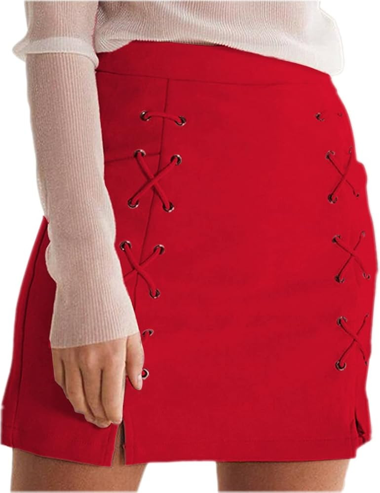 katiewens Women's Classic High Waist Lace Up Bodycon Faux Suede A Line Mini Pencil Skirt | Amazon (US)