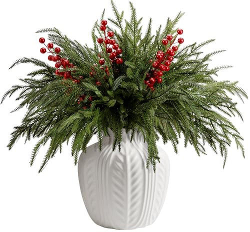 15 Pcs Christmas Norfolk Pine Branches with Red Berry Stems, 19" Extra Long Fake Greenery Norfolk Pine Stems Sprigs, Artificial Xmas Branches Plants Pine Leaves for DIY Craft Garland Home Decor | Amazon (US)