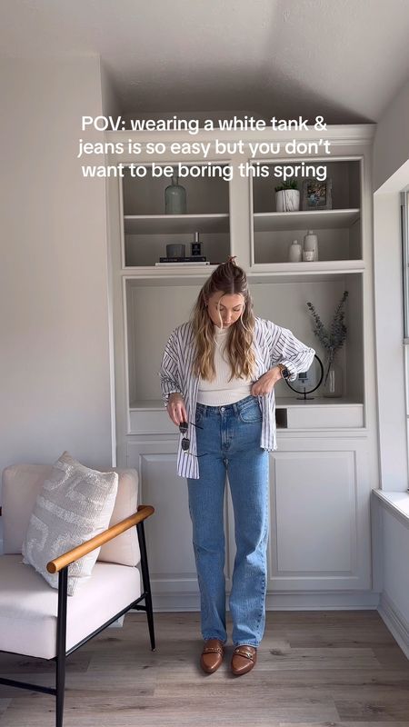 Spring outfit series styling a white tank and jeans! Mock neck sweater tank in M, button up in M (also linked similar!), jeans in size 26L medium wash, size up half in loafers. 

#LTKSpringSale #LTKstyletip #LTKVideo