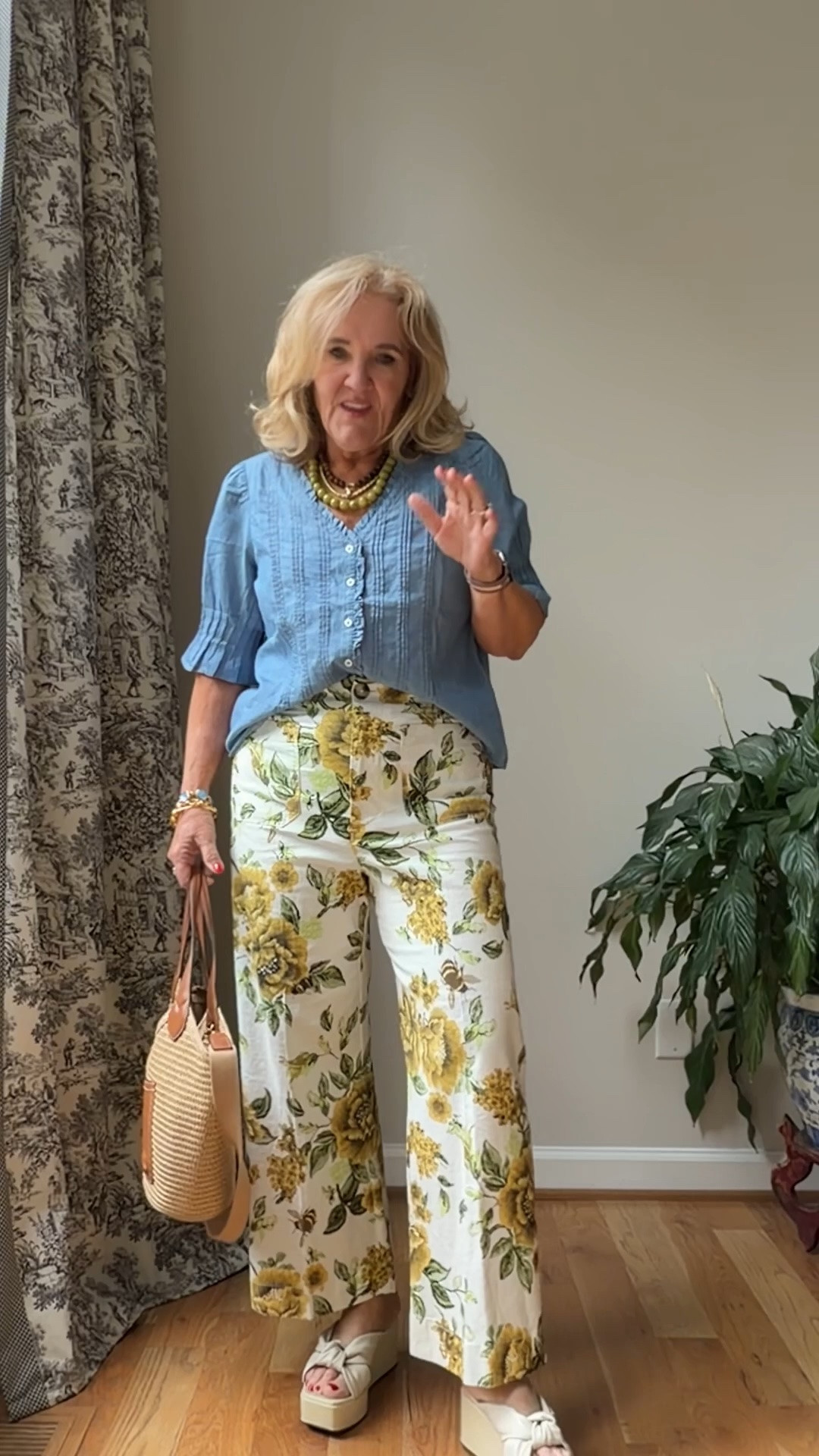 Top size small
Pants 29 reg. The linen pants from Anthropologie come in a crop and a full length. These are a crop length and I’m wearing a 29 regular. They come in a solid too. I will link those.
My 10% off my bag code is NANETTE 
￼ new smaller bobble necklaces available I love this olive green
The Julie vos sample sale begins Tuesday to the public, but has early access right now if you set up an account with them by giving them your email. 

Pants for Summer linen pants printed pants, floral pants, lightweight pants ￼

#LTKOver40 #LTKootd #LTKMidsize
