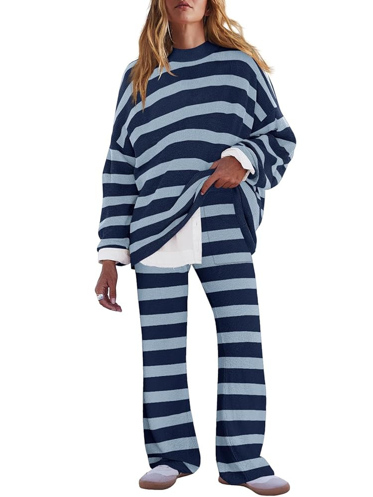 LAMISSCHE Oversized Womens Lounge Set Striped Sweater Set Long Sleeve 2 Piece Pajama Set Top and ... | Amazon (US)